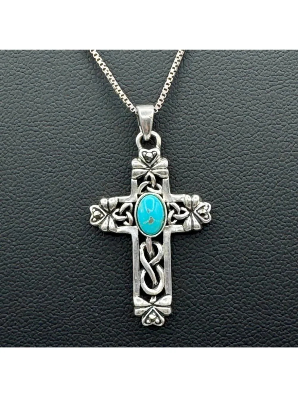 Vintage Irish Celtic Cross Sterling Pendant IRELAND Turquoise Box Chain 18
